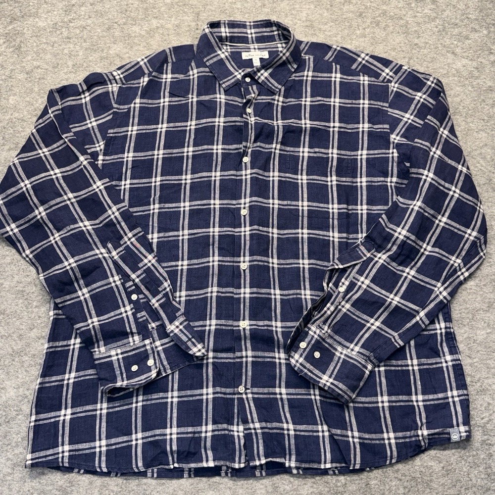 Peter Millar XL Linen Button Down Shirt Navy White Plaid Long Sleeve